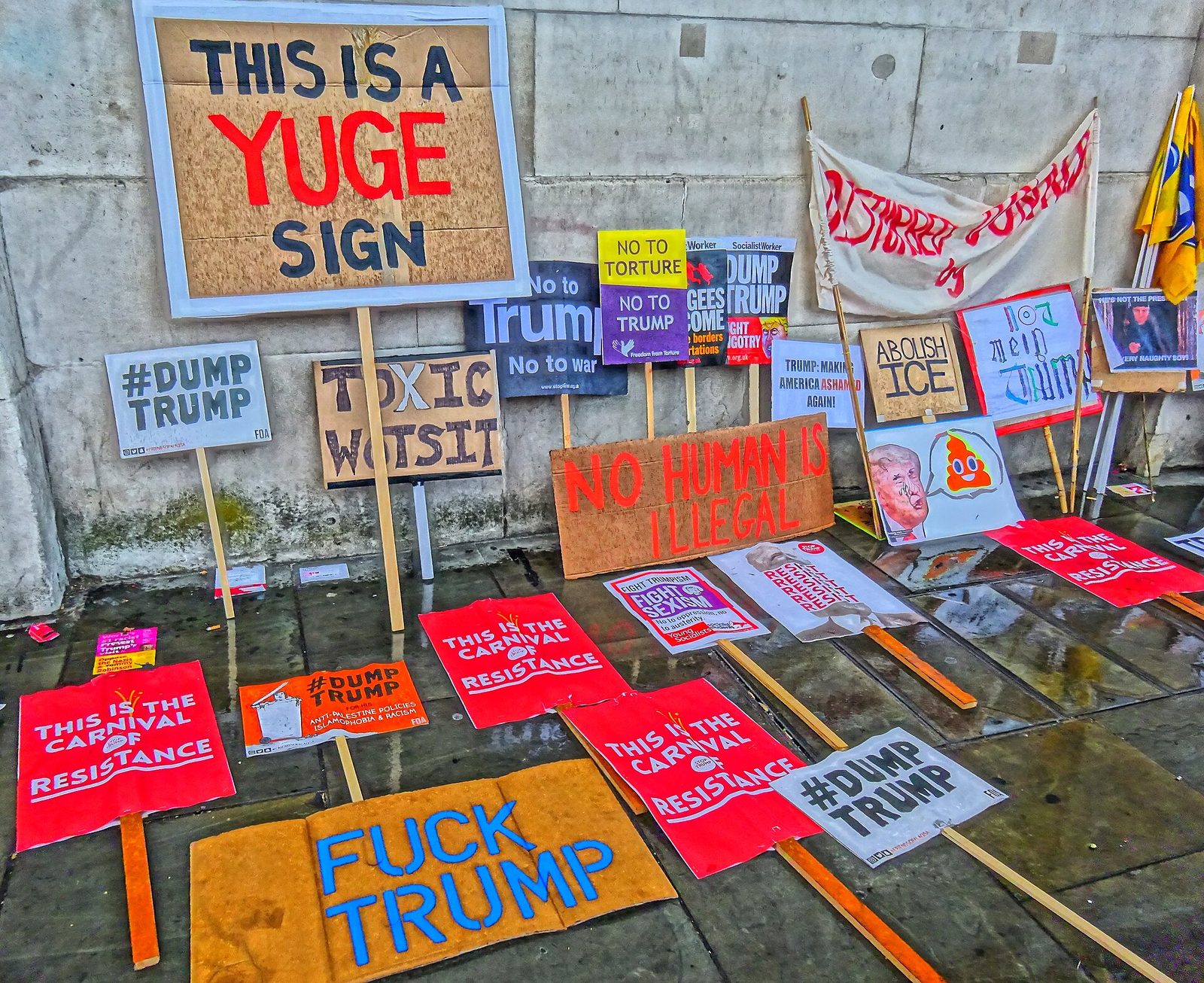 Protest signs and placards at a march in London